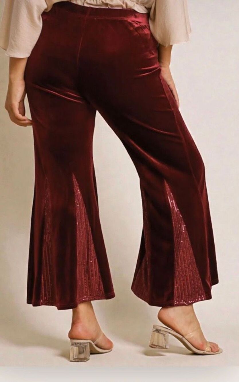 NWT Umgee plus size women’s burgundy velvet sequin flare pants 2X